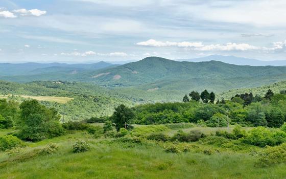 Paesaggio collinare verde con montagne all'orizzonte e cielo nuvoloso.